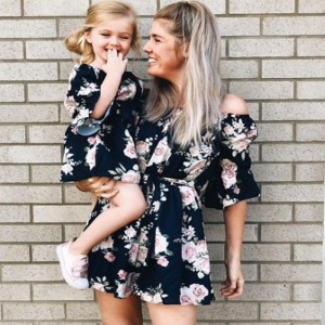 Mommy And Me Dresses One-Shoulder Ruffle Dress for Mother &amp; Daughter - Summer Family Matching Outfits, Printed Party Wedding Attire