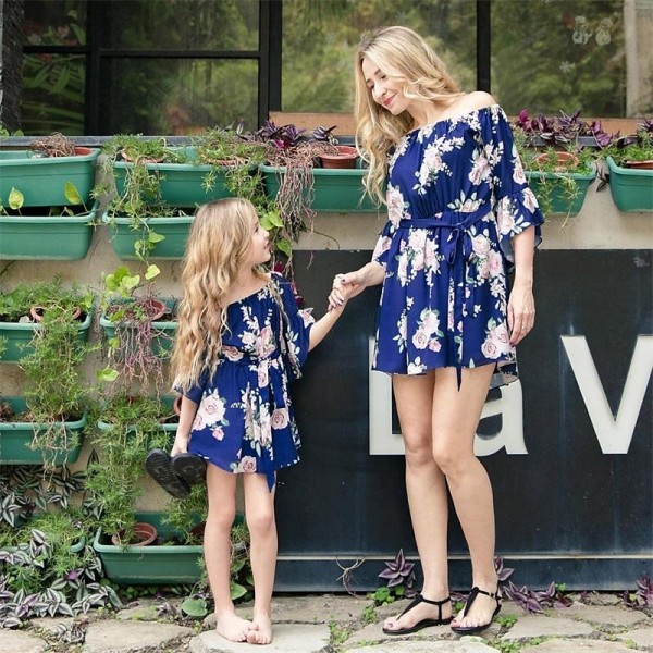 Mommy And Me Dresses One-Shoulder Ruffle Dress for Mother &amp; Daughter - Summer Family Matching Outfits, Printed Party Wedding Attire