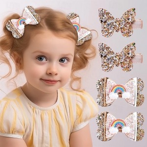 A Pair Little Girl Golden Butterfly Pair Clip Rainbow Bow Bang Clip Children&#039;s Glitter Leather Full Bag Clip