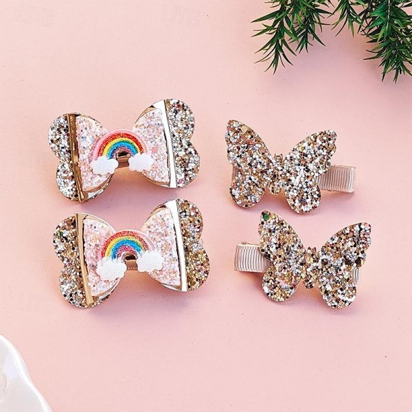 A Pair Little Girl Golden Butterfly Pair Clip Rainbow Bow Bang Clip Children's Glitter Leather Full Bag Clip A Pair Little Girl Golden Butterfly Pair Clip Rainbow Bow Bang Clip Children's Glitter Leather Full Bag Clip