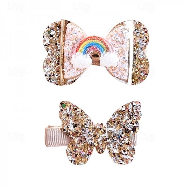 A Pair Little Girl Golden Butterfly Pair Clip Rainbow Bow Bang Clip Children's Glitter Leather Full Bag Clip A Pair Little Girl Golden Butterfly Pair Clip Rainbow Bow Bang Clip Children's Glitter Leather Full Bag Clip
