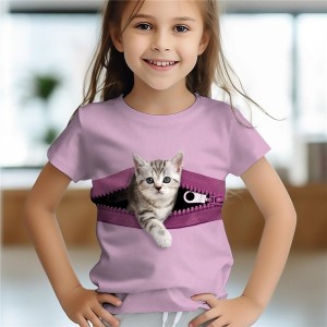 Girls&#039; 3D Cat Tee Shirts Pink Short Sleeve 3D Print Summer Active Fashion Cute Polyester Kids 3-12 Years Crew Neck Outdoor Casual Daily Regular Fit