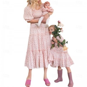 Mommy and Me Dress Matching Outfits Floral Printed Square Neck Puff Sleeve Maxi Dress for Mother and Daughter