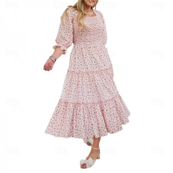 Mommy and Me Dress Matching Outfits Floral Printed Square Neck Puff Sleeve Maxi Dress for Mother and Daughter