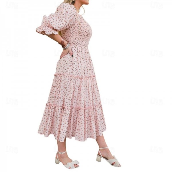 Mommy and Me Dress Matching Outfits Floral Printed Square Neck Puff Sleeve Maxi Dress for Mother and Daughter