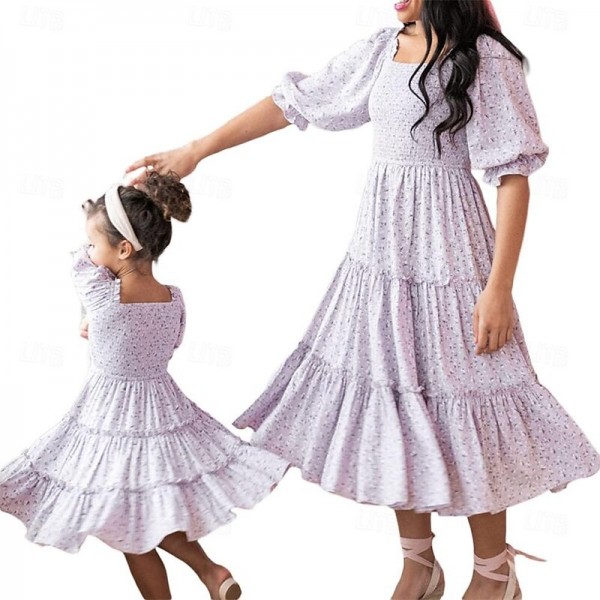 Mommy and Me Dress Matching Outfits Floral Printed Square Neck Puff Sleeve Maxi Dress for Mother and Daughter