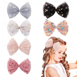 6PCS Colorful Polka Dot Mesh Children&#039;s Hair Clip Princess Large Bow Hair Clip Snowflake Star Half Wrapped Cloth Top Clip