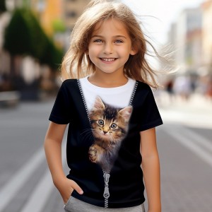 Girls&#039; 3D Cat Tee Shirt Short Sleeve 3D Print Summer Active Fashion Cute Polyester Kids 3-12 Years Crew Neck Outdoor Casual Daily Regular Fit