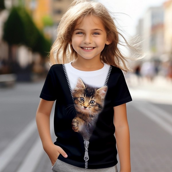 Girls' 3D Cat Tee Shirt Short Sleeve 3D Print Summer Active Fashion Cute Polyester Kids 3-12 Years Crew Neck Outdoor Casual Daily Regular Fit Girls' 3D Cat Tee Shirt Short Sleeve 3D Print Summer Active Fashion Cute Polyester Kids 3-12 Years Crew Neck Outdoor Casual Daily Regular Fit