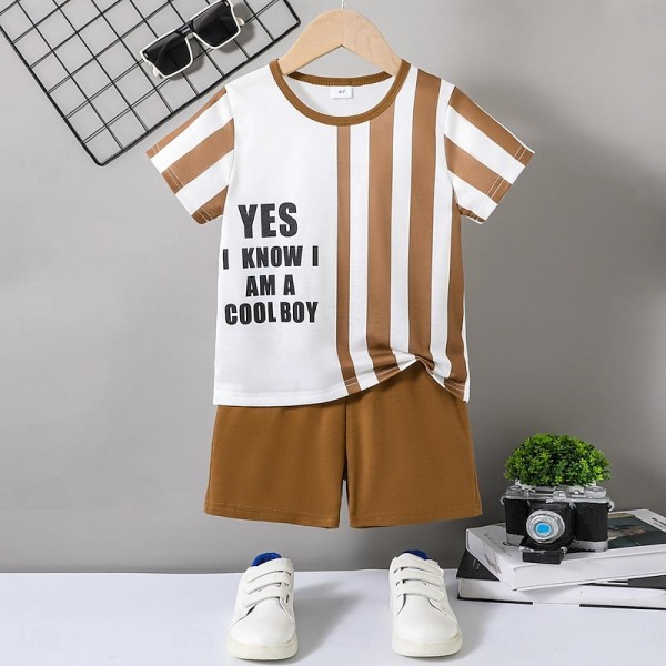 2 Pieces Toddler Boys T-shirt & Shorts Outfit Stripe Letter Short Sleeve Side Stripe Set School Fashion Daily Summer 3-7 Years Brown 2 Pieces Toddler Boys T-shirt & Shorts Outfit Stripe Letter Short Sleeve Side Stripe Set School Fashion Daily Summer 3-7 Years Brown