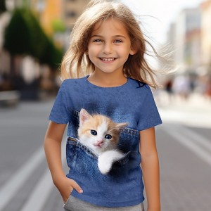 Girls&#039; 3D Cat Tee Shirts Short Sleeve 3D Print Summer Active Fashion Cute Polyester Kids 3-12 Years Crew Neck Outdoor Casual Daily Regular Fit