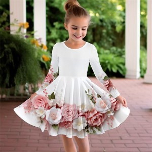 Girls&#039; 3D Floral Rose Dress Long Sleeve 3D Print Spring Fall Sports &amp; Outdoor Daily Holiday Cute Casual Beautiful Kids 3-12 Years Casual Dress A Line Dress Above Knee Polyester Regular Fit