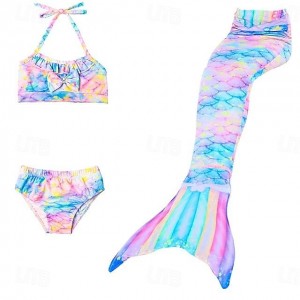 Kids Girls‘ Swimwear Bikini 3-10 Years 3pcs Three Piece Swimsuit Mermaid Tail The Little Mermaid Swimwear Gradient Sleeveless Blue Rainbow Red Beach Active Cosplay Costumes Bathing Suits Summer
