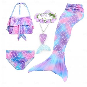 Kids Girls&#039; Five Piece Swimwear Beach Rainbow Cute Monofin Bathing Suits 3-10 Years Summer Purple