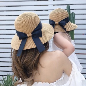 Mommy and Me Straw Hats Casual Bowknot Design Brown Family Photo Matching Outfits Mom and Daughter