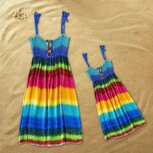 Mommy And Me Dresses Children&#039;s Day Dresses Rainbow Striped Daily Wear Print Multicolor Blue Green Sleeveless Knee-length Tank Dress Boho Matching Outfits