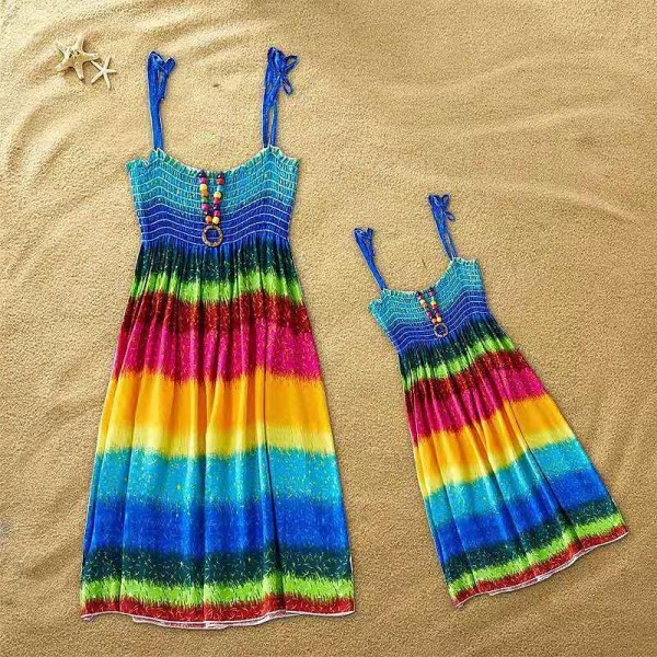 Mommy And Me Dresses Children&#039;s Day Dresses Rainbow Striped Daily Wear Print Multicolor Blue Green Sleeveless Knee-length Tank Dress Boho Matching Outfits