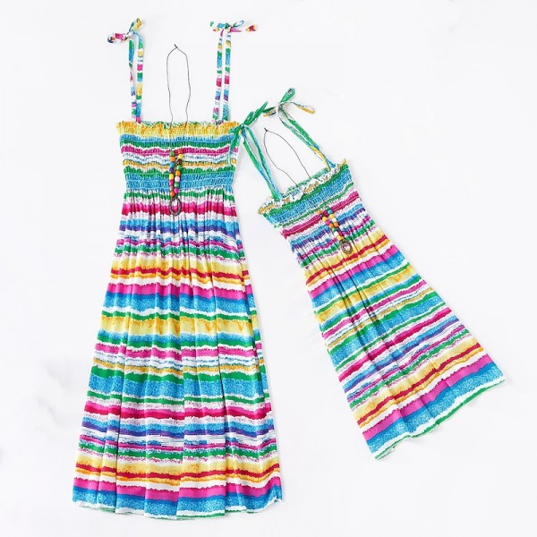 Mommy And Me Dresses Children&#039;s Day Dresses Rainbow Striped Daily Wear Print Multicolor Blue Green Sleeveless Knee-length Tank Dress Boho Matching Outfits