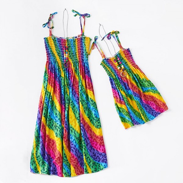 Mommy And Me Dresses Children&#039;s Day Dresses Rainbow Striped Daily Wear Print Multicolor Blue Green Sleeveless Knee-length Tank Dress Boho Matching Outfits