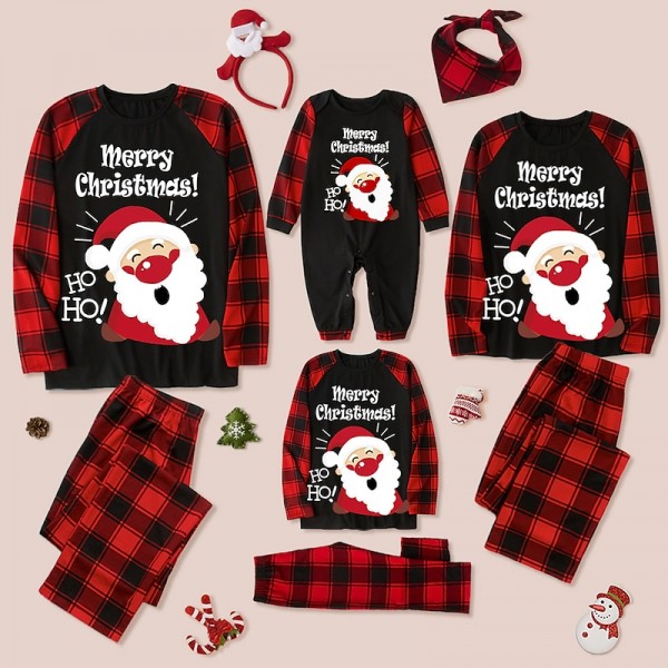 Family Pajamas Plaid Letter Santa Claus Print Dark Red Gray Long Sleeve Mommy And Me Outfits Cute Matching Outfits