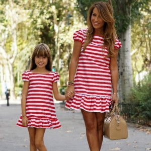 Mommy and Me Dresses Graphic Striped Sports &amp; Outdoor Ruched Red Short Sleeve Above Knee T Shirt Dress Tee Dress Active Matching Outfits