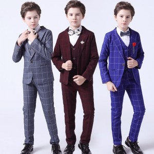 3 Pieces  Kids Boys Blazer Vest Pants Party Set Formal Long Sleeve Blue Gray Red Plaid Bow Cotton Clothes Set Gentle Regular Suit