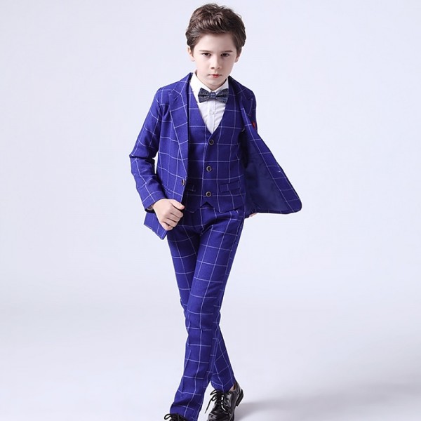 3 Pieces Kids Boys Blazer Vest Pants Party Set Formal Long Sleeve Blue Gray Red Plaid Bow Cotton Clothes Set Gentle Regular Suit 3 Pieces Kids Boys Blazer Vest Pants Party Set Formal Long Sleeve Blue Gray Red Plaid Bow Cotton Clothes Set Gentle Regular Suit