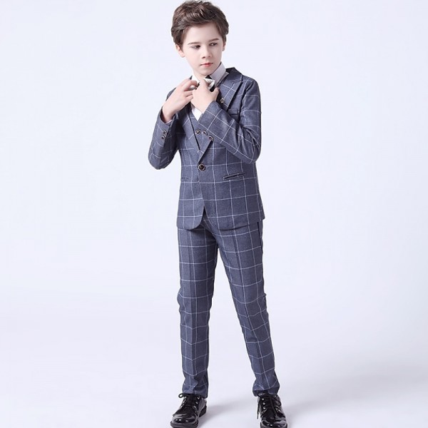 3 Pieces Kids Boys Blazer Vest Pants Party Set Formal Long Sleeve Blue Gray Red Plaid Bow Cotton Clothes Set Gentle Regular Suit 3 Pieces Kids Boys Blazer Vest Pants Party Set Formal Long Sleeve Blue Gray Red Plaid Bow Cotton Clothes Set Gentle Regular Suit