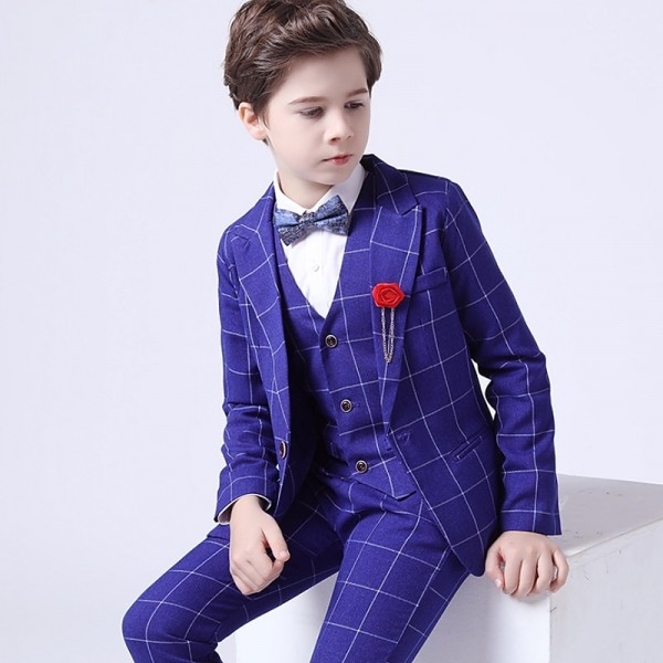 3 Pieces Kids Boys Blazer Vest Pants Party Set Formal Long Sleeve Blue Gray Red Plaid Bow Cotton Clothes Set Gentle Regular Suit 3 Pieces Kids Boys Blazer Vest Pants Party Set Formal Long Sleeve Blue Gray Red Plaid Bow Cotton Clothes Set Gentle Regular Suit