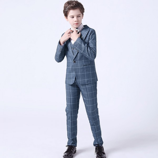 3 Pieces Kids Boys Blazer Vest Pants Party Set Formal Long Sleeve Blue Gray Red Plaid Bow Cotton Clothes Set Gentle Regular Suit 3 Pieces Kids Boys Blazer Vest Pants Party Set Formal Long Sleeve Blue Gray Red Plaid Bow Cotton Clothes Set Gentle Regular Suit