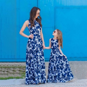 Mommy and Me Dresses Graphic Floral Daily Print Blue Sleeveless Maxi Mommy And Me Outfits Cute Matching Outfits
