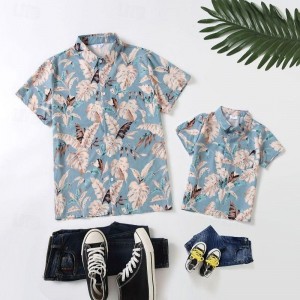 Dad and Son T shirt Tops Cotton Leaf Daily Print Light Blue Short Sleeve Mommy And Me Outfits Vacation Matching Outfits
