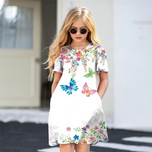 Kids Little Girls&#039; Dress Floral Butterfly Animal A Line Dress Daily Holiday Vacation Print White Above Knee Short Sleeve Casual Cute Sweet Dresses Spring Summer Regular Fit 3-12 Years