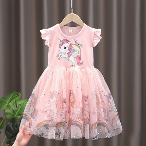 Kids Little Girls&#039; Dress Unicorn A Line Dress Daily Holiday Mesh Print Blue Pink Knee-length Short Sleeve Princess Sweet Dresses Spring Summer Regular Fit 2-8 Years