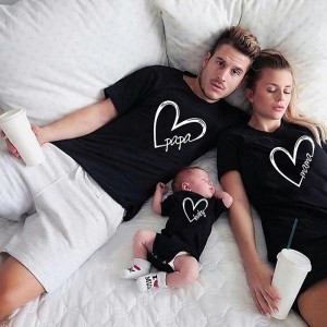 Family T shirt Family Sets Cotton Heart Letter Street Print Black White Dark Grey Short Sleeve Mommy And Me Outfits Active Matching Outfits