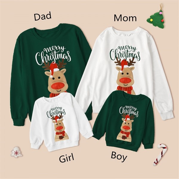 Family Sweatshirt Letter Deer Print Multicolor Long Sleeve Adorable Matching Outfits