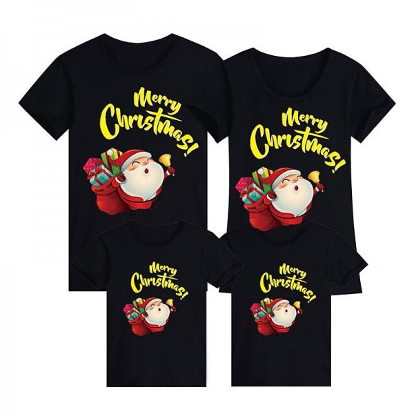 Family T shirt Tops Letter Santa Claus Street Print Black White Yellow Short Sleeve 3D Print Active Matching Outfits