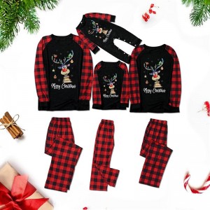 Family Pajamas Cotton Plaid Deer Home Black Dark Red Wine Long Sleeve Daily Matching Outfits