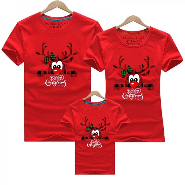 Family T shirt Cotton Deer Casual Red Short Sleeve Daily Matching Outfits