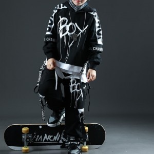 Kids Boys Hoodie &amp; Pants Clothing Set 2 Pieces Long Sleeve Black Letter Pocket Drawstring Outdoor Casual Fashion Cool 7-13 Years