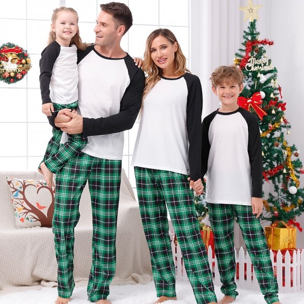Pajamas Family Plaid Letter Home White Green Long Sleeve Basic Matching Outfits Pajamas Family Plaid Letter Home White Green Long Sleeve Basic Matching Outfits