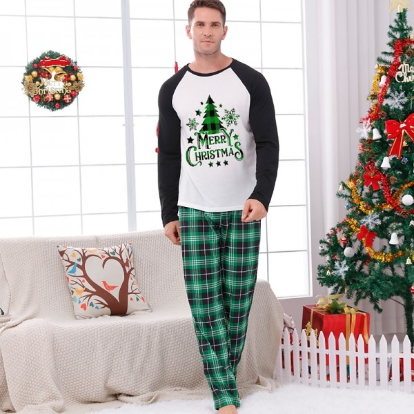 Pajamas Family Plaid Letter Home White Green Long Sleeve Basic Matching Outfits Pajamas Family Plaid Letter Home White Green Long Sleeve Basic Matching Outfits