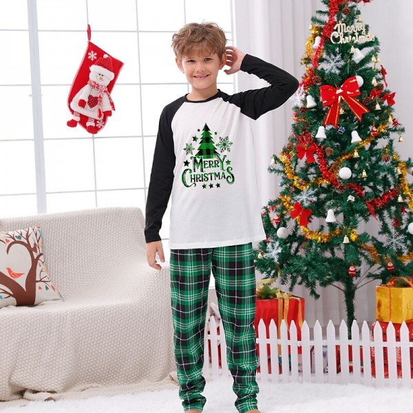 Pajamas Family Plaid Letter Home White Green Long Sleeve Basic Matching Outfits Pajamas Family Plaid Letter Home White Green Long Sleeve Basic Matching Outfits
