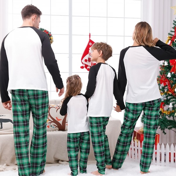 Pajamas Family Plaid Letter Home White Green Long Sleeve Basic Matching Outfits Pajamas Family Plaid Letter Home White Green Long Sleeve Basic Matching Outfits