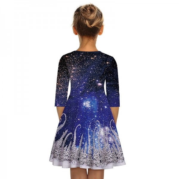 Mommy and Me Dresses Cotton Galaxy Deer Outdoor Light Blue Dark Blue Long Sleeve Above Knee Adorable Matching Outfits