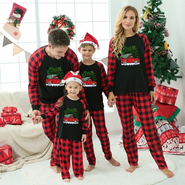 Pajamas Family Plaid Letter Home Black Long Sleeve Basic Matching Outfits Pajamas Family Plaid Letter Home Black Long Sleeve Basic Matching Outfits