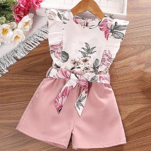 2 Pieces Kids Girls&#039; Floral Shorts Suit Set Sleeveless Active Outdoor Cotton 3-7 Years Summer Multicolor Pink Wine