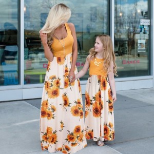 Mommy and Me Dresses Cotton Tie Dye Sunflower Casual Print Black White Orange Sleeveless Midi Mommy And Me Outfits Active Matching Outfits