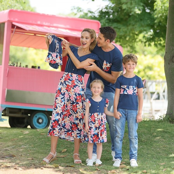Mommy And Me Matching Outfits Family Dresses T shirt Floral Outdoor Navy Blue Short Sleeve Daily Matching Outfits Mommy And Me Matching Outfits Family Dresses T shirt Floral Outdoor Navy Blue Short Sleeve Daily Matching Outfits