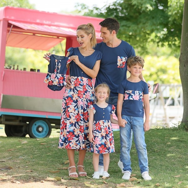 Mommy And Me Matching Outfits Family Dresses T shirt Floral Outdoor Navy Blue Short Sleeve Daily Matching Outfits Mommy And Me Matching Outfits Family Dresses T shirt Floral Outdoor Navy Blue Short Sleeve Daily Matching Outfits